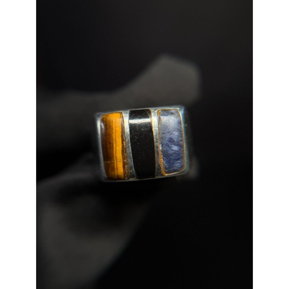 Vintage Taxco Sterling Silver Tiger Eye Onyx Lapis Ring 10.75